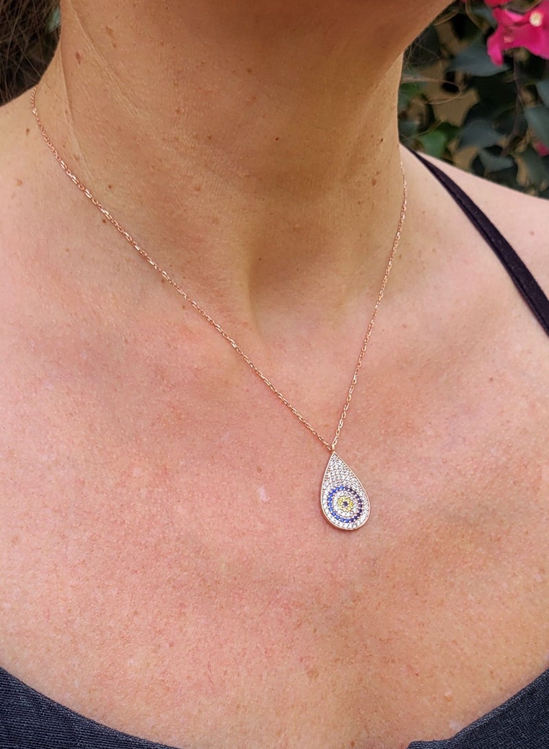 Alwan Rose Gold Plated Silver Necklace with an Evil Eye Studded with Cubic Zirconia - Image 3