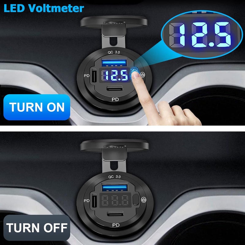 Ouffun USB C Car Charger Socket 12V USB Outlet 2 Pack - 58W Dual PD3.0 & QC3.0 with LED Voltmeter - Image 4
