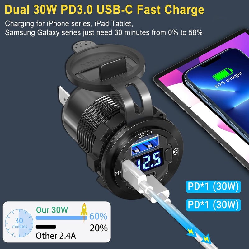 Ouffun USB C Car Charger Socket 12V USB Outlet 2 Pack - 58W Dual PD3.0 & QC3.0 with LED Voltmeter - Image 2