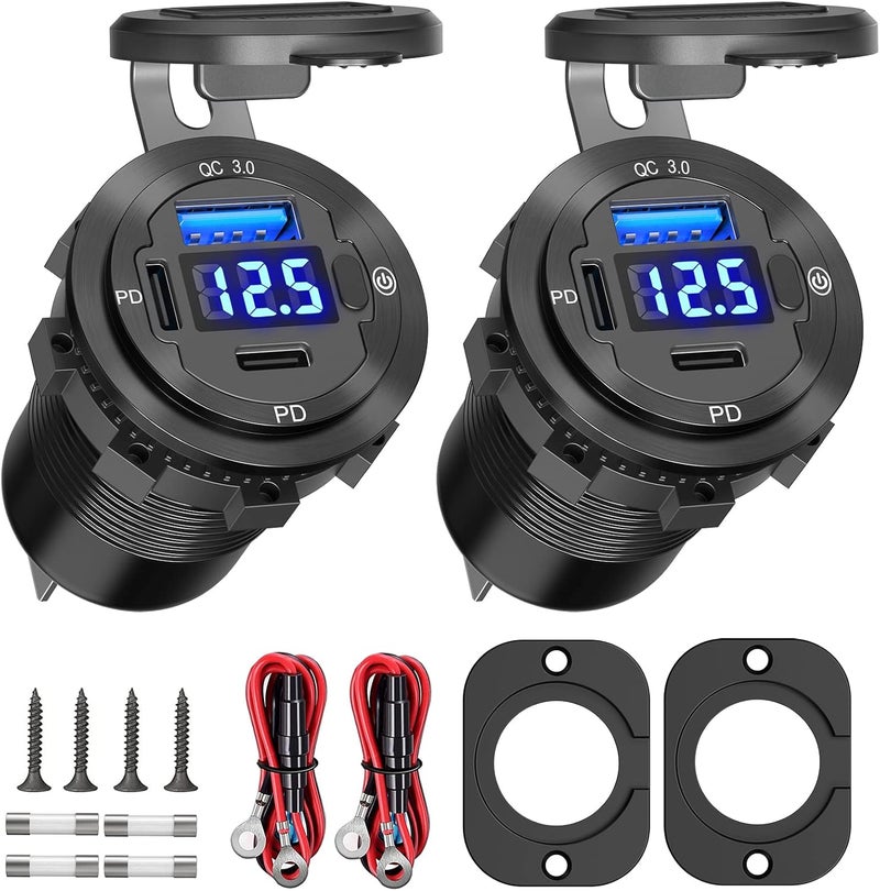 Ouffun USB C Car Charger Socket 12V USB Outlet 2 Pack - 58W Dual PD3.0 & QC3.0 with LED Voltmeter - Image 1