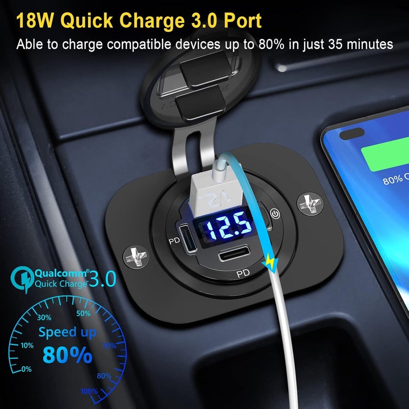 Ouffun USB C Car Charger Socket 12V USB Outlet 2 Pack - 58W Dual PD3.0 & QC3.0 with LED Voltmeter - Image 3