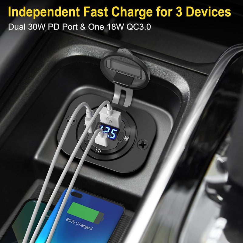 Ouffun USB C Car Charger Socket 12V USB Outlet 2 Pack - 58W Dual PD3.0 & QC3.0 with LED Voltmeter - Image 5