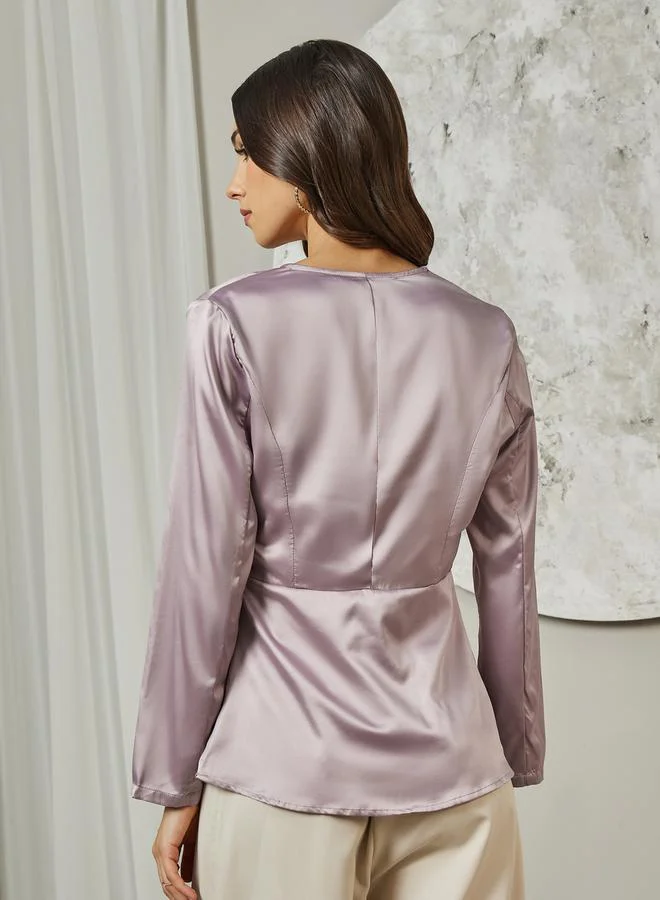 Styli V Neck Wrap Blazer Top with Button Detail