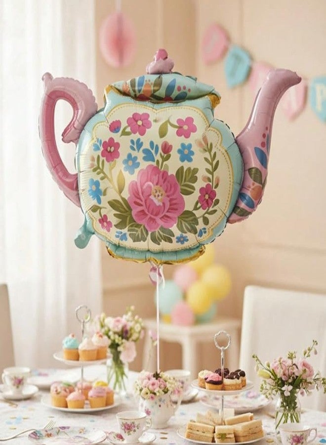 Atpata Funky 34 Inch Floral Tea Pot Shape Foil Balloon for Partea Decoration, Vintage Garden Botanical Balloon for Bridal/Baby Shower, Birthday, Kitty Party, Pastel Flower Theme Decor - Image 1