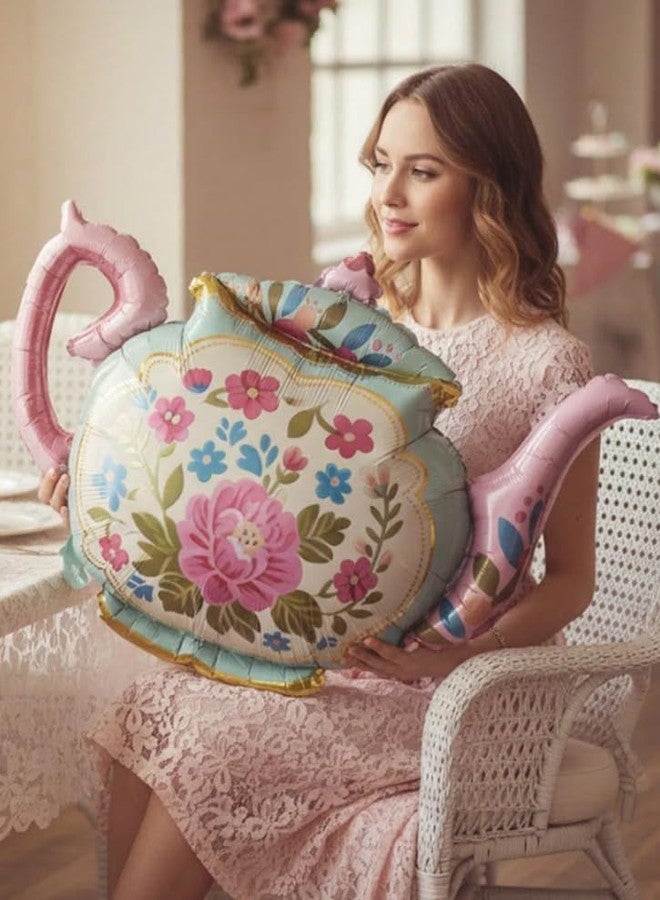 Atpata Funky 34 Inch Floral Tea Pot Shape Foil Balloon for Partea Decoration, Vintage Garden Botanical Balloon for Bridal/Baby Shower, Birthday, Kitty Party, Pastel Flower Theme Decor - Image 5