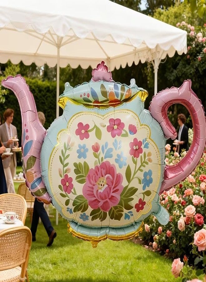 Atpata Funky 34 Inch Floral Tea Pot Shape Foil Balloon for Partea Decoration, Vintage Garden Botanical Balloon for Bridal/Baby Shower, Birthday, Kitty Party, Pastel Flower Theme Decor - Image 2