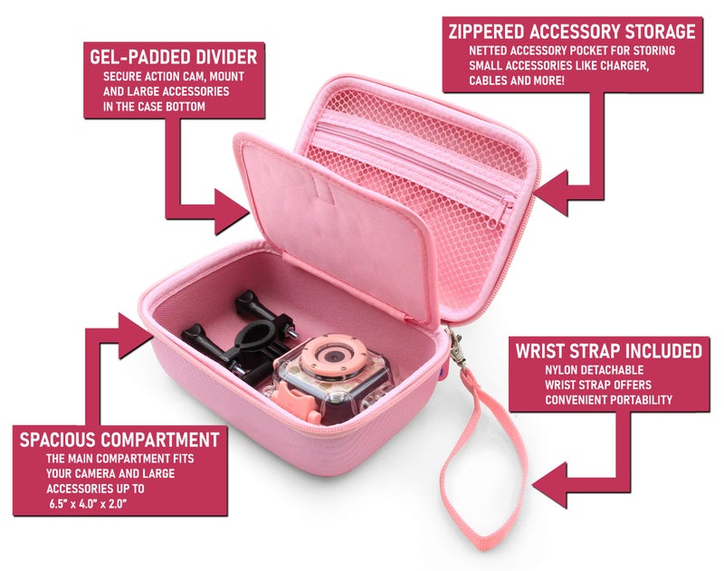 CASEMATIX Camera Travel Case Compatible with PROGRACE, Ourlife, Dragon Touch and More Waterproof Toy Camera Video Recorders - Pink Case for Toy Action Camera and Accessories - Image 5