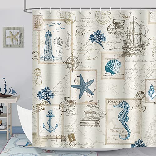 Bonhause Nautical Coastal Shower Curtain, Vintage Ocean Beach Seashell Seahorse Lighthouse Bathroom Decor 72x72 Inch Polyester Fabric Waterproof Bath Curtain with 12 Hooks - Image 2