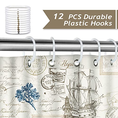 Bonhause Nautical Coastal Shower Curtain, Vintage Ocean Beach Seashell Seahorse Lighthouse Bathroom Decor 72x72 Inch Polyester Fabric Waterproof Bath Curtain with 12 Hooks - Image 3