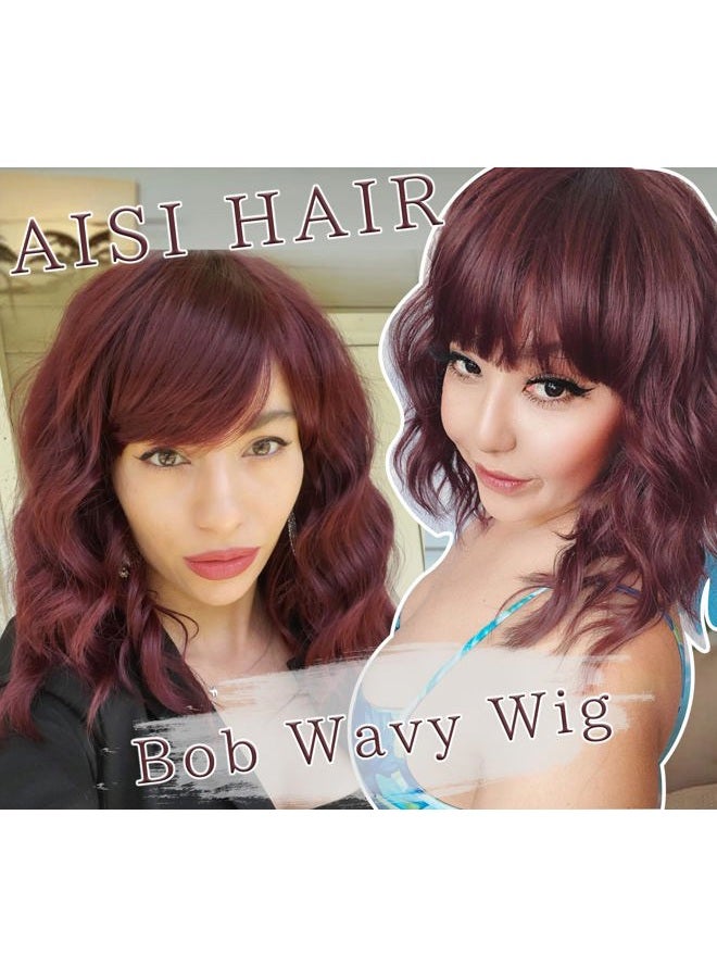 AISI HAIR Synthetic Curly Bob Wig with Bangs Short Bob Wavy Hair Wig Wine Red Color Shoulder Length Wigs for Women Bob Style Synthetic Heat Resistant Bob Wigs - Image 4