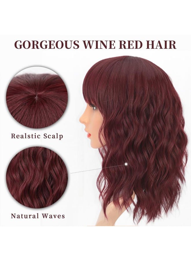 AISI HAIR Synthetic Curly Bob Wig with Bangs Short Bob Wavy Hair Wig Wine Red Color Shoulder Length Wigs for Women Bob Style Synthetic Heat Resistant Bob Wigs - Image 3