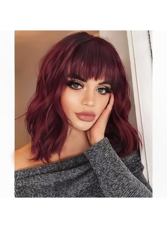 AISI HAIR Synthetic Curly Bob Wig with Bangs Short Bob Wavy Hair Wig Wine Red Color Shoulder Length Wigs for Women Bob Style Synthetic Heat Resistant Bob Wigs - Image 1