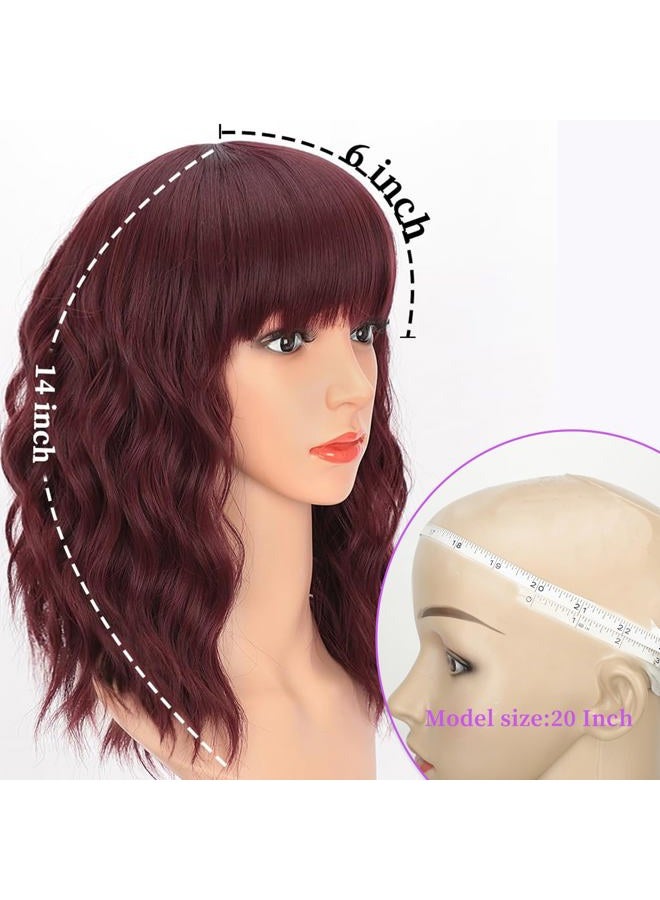 AISI HAIR Synthetic Curly Bob Wig with Bangs Short Bob Wavy Hair Wig Wine Red Color Shoulder Length Wigs for Women Bob Style Synthetic Heat Resistant Bob Wigs - Image 2