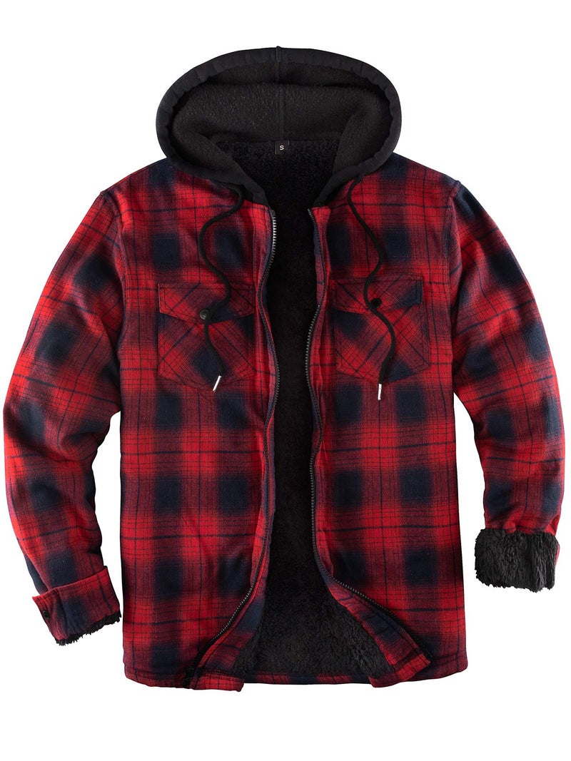 ZENTHACE Mens Sherpa Lined Full Zip Hooded Plaid Shirt Jacket RedGrey M
