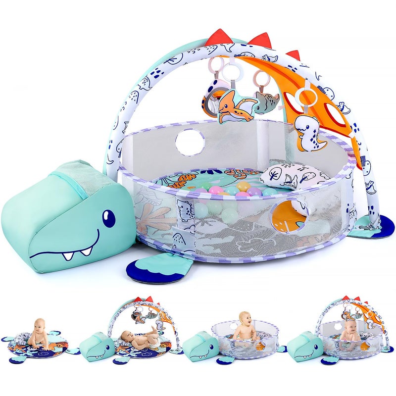 سجادة لعب للأطفال 4 في 1 بموضوع الديناصورات مع ألعاب حسية ووسادة ناعمة