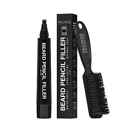 Pacinos Beard Pencil Filler Water Proof Long Lasting Coverage Natural Finish Beard Moustache Eyebrows MicroFork Tip for Seamless Application Includes Bristle Brush for Blending Black - Image 1