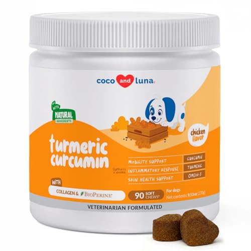 Coco and Luna Turmeric Curcumin for Dogs - 90 Soft Chews - with Collagen, BioPerine and Fish Oil - Hip & Joint Support, Ease Inflammation, Antioxidant. - Image 1