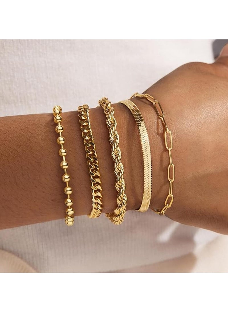 Generic 5 Pcs Gold Plated Bracelets for Women,Dainty Bracelets Set for Women Trendy, Plated Gold Bracelets Stack With Beaded, Cuban, Paperclip, Heart, Snake, Rope, Pearl, Cross, Hand Chain, Silver Jewelry Gifts for Women Christmas  - Image 2