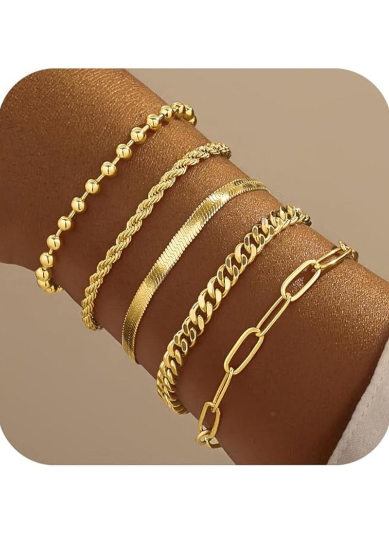 Generic 5 Pcs Gold Plated Bracelets for Women,Dainty Bracelets Set for Women Trendy, Plated Gold Bracelets Stack With Beaded, Cuban, Paperclip, Heart, Snake, Rope, Pearl, Cross, Hand Chain, Silver Jewelry Gifts for Women Christmas  - Image 1