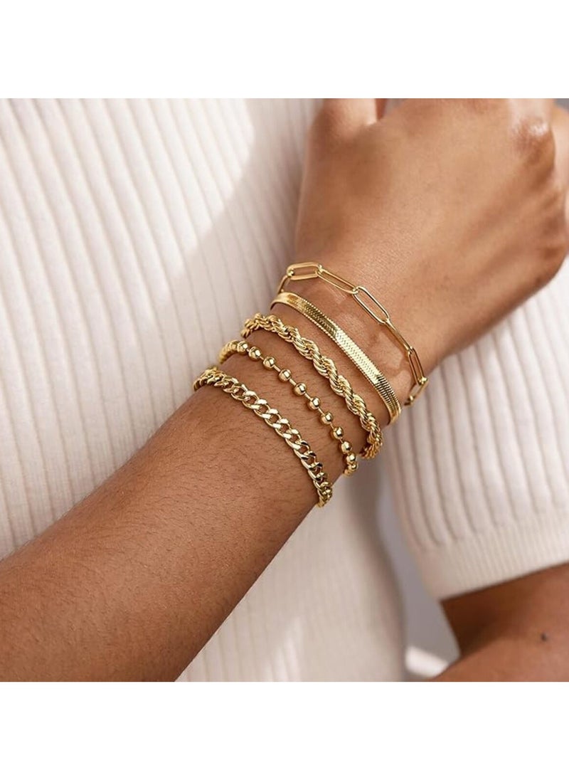 Generic 5 Pcs Gold Plated Bracelets for Women,Dainty Bracelets Set for Women Trendy, Plated Gold Bracelets Stack With Beaded, Cuban, Paperclip, Heart, Snake, Rope, Pearl, Cross, Hand Chain, Silver Jewelry Gifts for Women Christmas  - Image 3