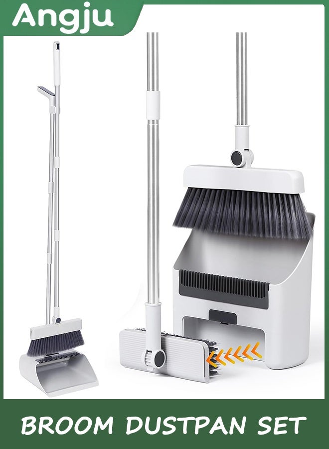 Angju Broom with Dustpan Combo Set, 3 in 1 Dustpan & Brush Sets for Sweeping Indoor and Outdoor Long Handle Broom and Dustpan Set Push Broom Heavy Duty for Home Cleaning Bathroom Kitchen - Image 1