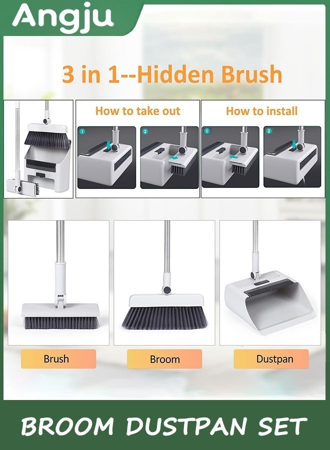 Angju Broom with Dustpan Combo Set, 3 in 1 Dustpan & Brush Sets for Sweeping Indoor and Outdoor Long Handle Broom and Dustpan Set Push Broom Heavy Duty for Home Cleaning Bathroom Kitchen - Image 2