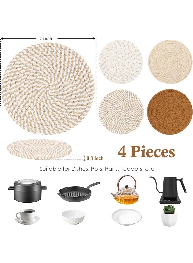 jaexest 4-Piece Braided Cotton Trivets Set, 7 Inch Heat Resistant Hot Pads & Pot Holders for Kitchen Countertop Table, Absorbent Round Boho Coasters for Hot Dishes Pans (Brown) - Image 2