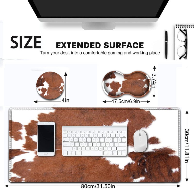 JVGFYNKL Large Mouse Pad, Extended Office Desk Pad 31.5x11.8in, Ergonomic Memory Foam Mouse Wrist Rest Support for Home Office Computer Writing Pad, Cute Faux Brown Cowhide Fur Pattern XXL Gaming Mouse Mat - Image 2