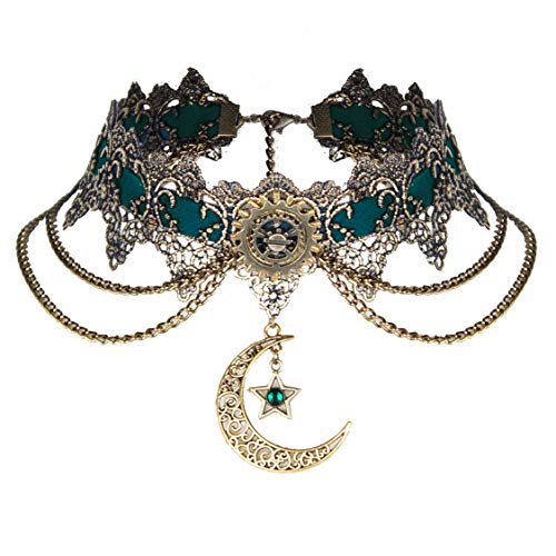 GRACEART Women Steampunk Necklace Vintage Bronze Gold Moon Pendant Lace Choker - Image 1