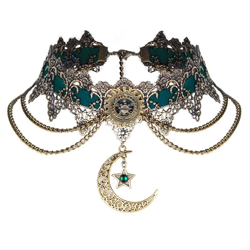 GRACEART Women Steampunk Necklace Vintage Bronze Gold Moon Pendant Lace Choker - Image 2