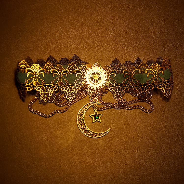 GRACEART Women Steampunk Necklace Vintage Bronze Gold Moon Pendant Lace Choker - Image 3