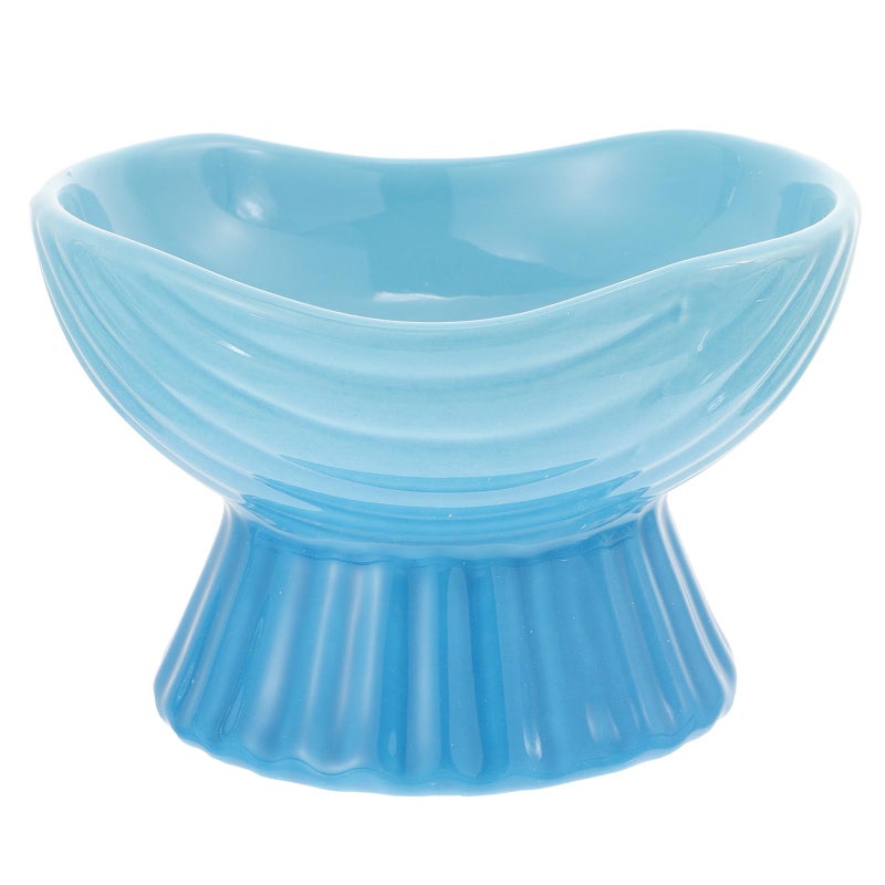 Raised Ceramic Pet Bowl Small Blue Striped For Cats And Puppies With Neck Protection - Image 2