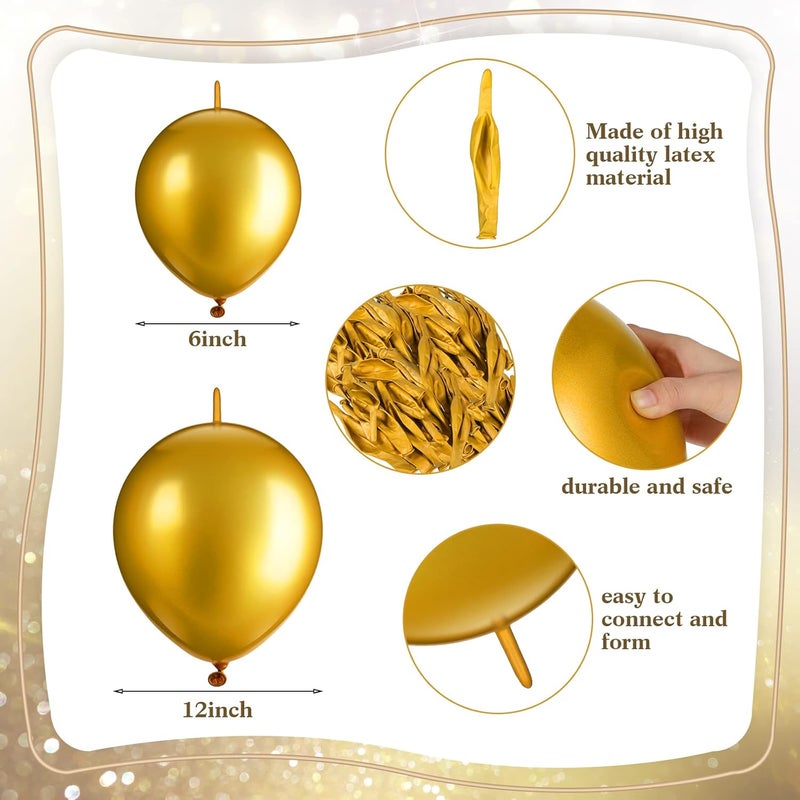 Leitee 160 Pcs Link Balloon 12 Inch 6 Inch Linking Balloons Quick Linkable Needle Tail Latex Balloons for Christmas Birthday Happy New Year Party Wedding Graduation Arch Decors Metallic Gold - Image 2