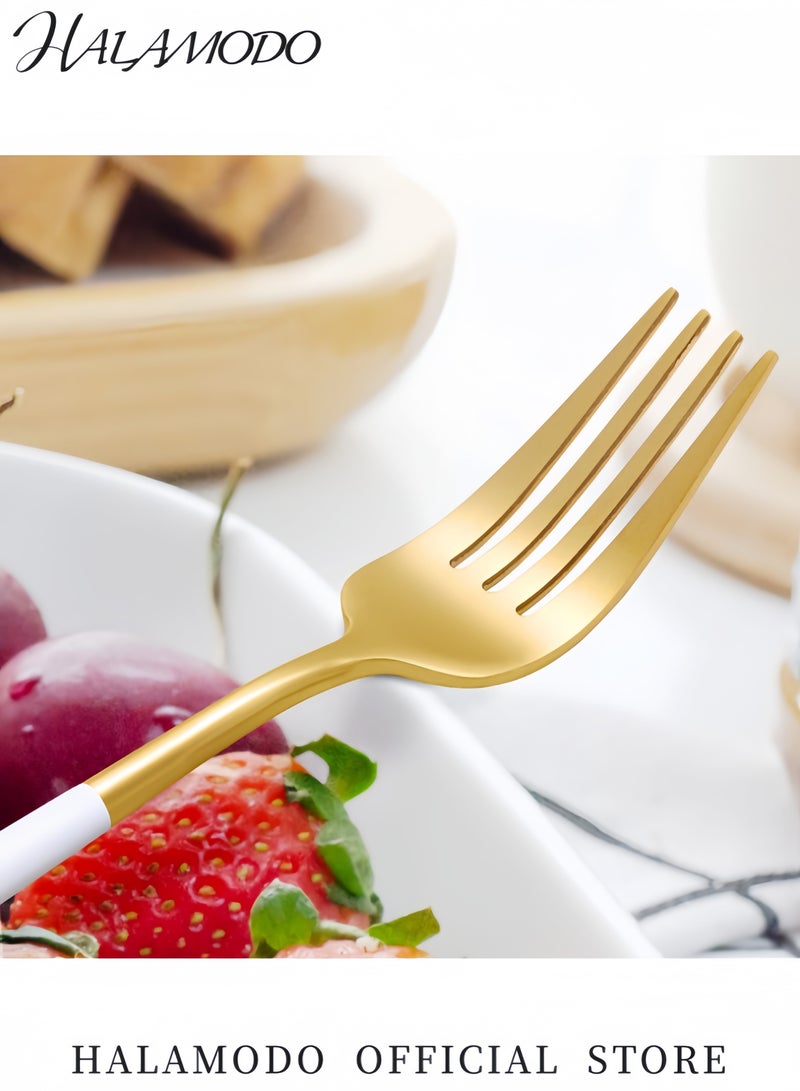 طقم أدوات مائدة من الفولاذ المقاوم للصدأ 3 قطع طقم أدوات طعام أبيض وذهبي أنيق مع تصميم ذهبي غير لامع طقم أدوات طعام ممتاز للمنزل والطعام آمن للغسل في غسالة الصحون - Image 5