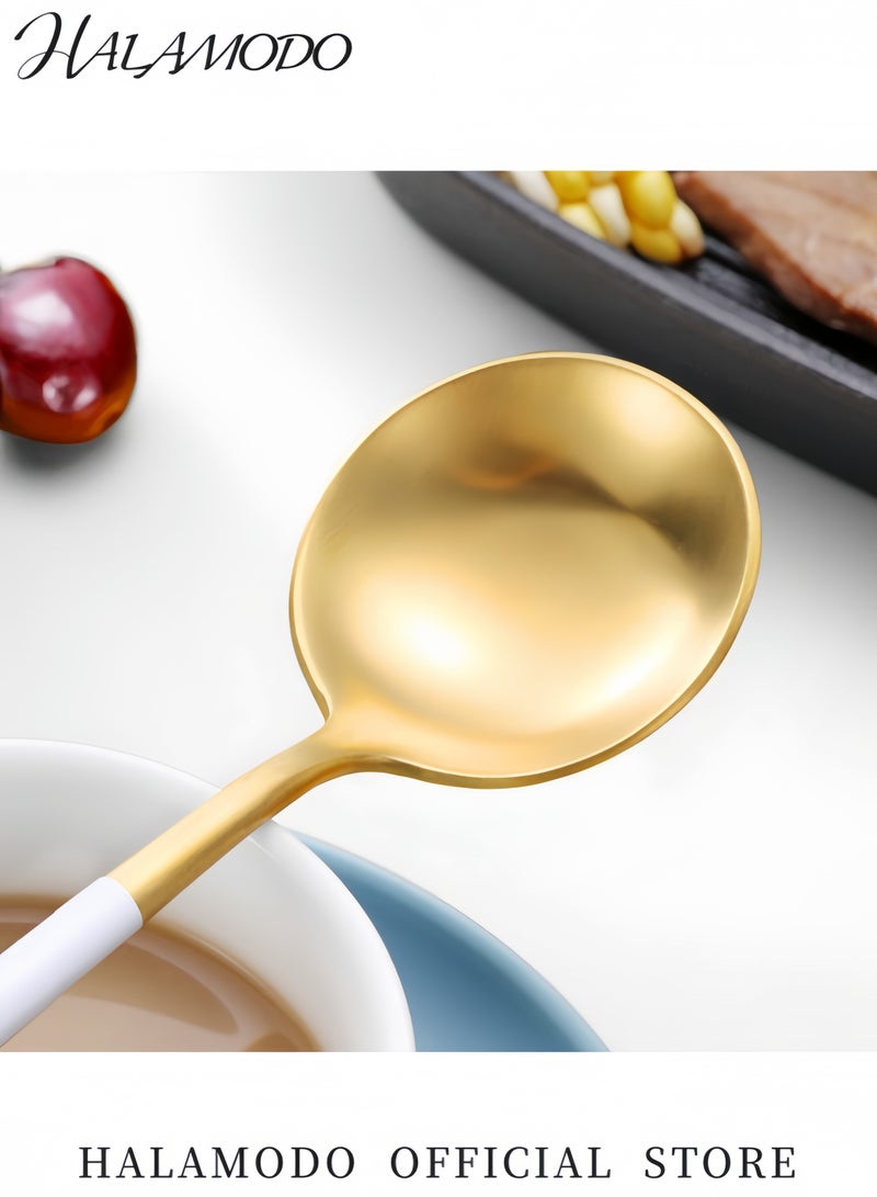طقم أدوات مائدة من الفولاذ المقاوم للصدأ 3 قطع طقم أدوات طعام أبيض وذهبي أنيق مع تصميم ذهبي غير لامع طقم أدوات طعام ممتاز للمنزل والطعام آمن للغسل في غسالة الصحون - Image 4