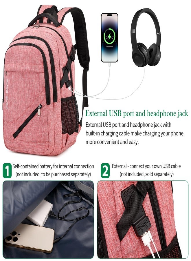 FENGDONG Large Laptop Backpack 17.3 inch Durable Waterproof Travel College Backpack Bookbag for Men & Women Business Backpack with USB Charging Port and Headset Port Light Pink - Image 5