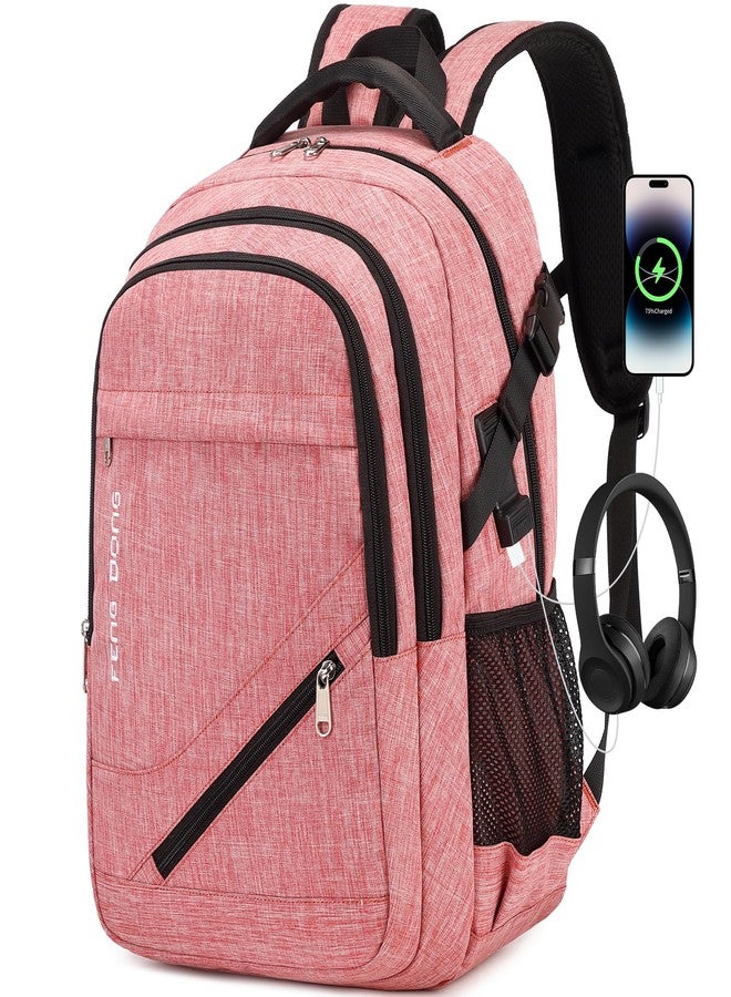 FENGDONG Large Laptop Backpack 17.3 inch Durable Waterproof Travel College Backpack Bookbag for Men & Women Business Backpack with USB Charging Port and Headset Port Light Pink - Image 1