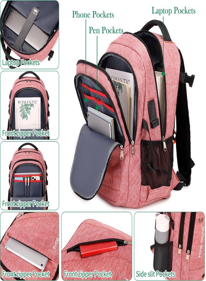 FENGDONG Large Laptop Backpack 17.3 inch Durable Waterproof Travel College Backpack Bookbag for Men & Women Business Backpack with USB Charging Port and Headset Port Light Pink - Image 3