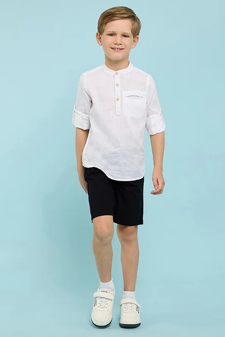 أر أند بي Solid Shirt with Mandarin Collar & Long Sleeves