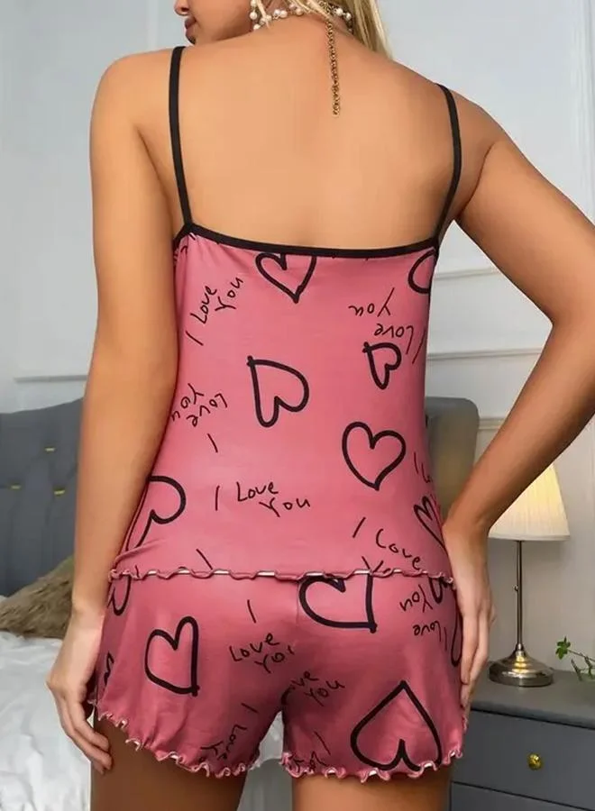 Take Two Pink Lettuce Edge Heart Print Cami and Shorts Set