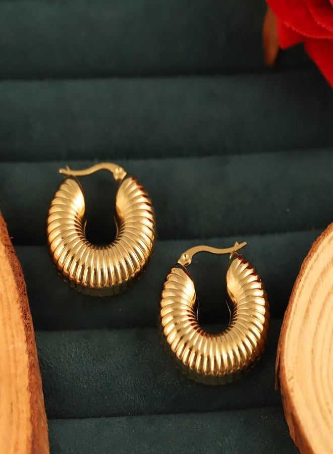 CALISTA Golden Ripple Hoops for Women | Gold-Plated Textured Hoop Earrings | Lightweight Anti-Tarnish Fashion Jewellery | Daily, Party & Gifting Wear - Image 4