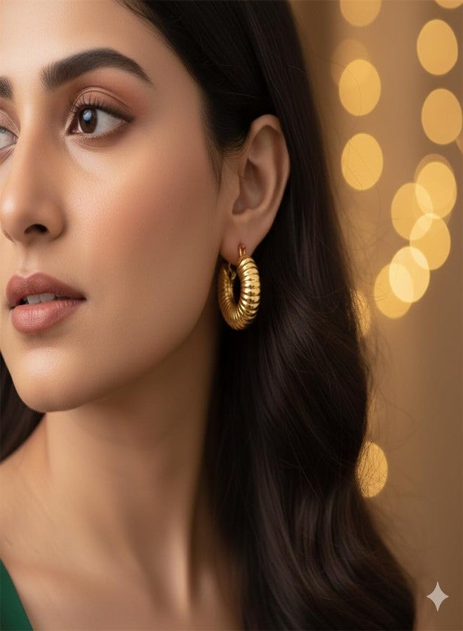 CALISTA Golden Ripple Hoops for Women | Gold-Plated Textured Hoop Earrings | Lightweight Anti-Tarnish Fashion Jewellery | Daily, Party & Gifting Wear - Image 3