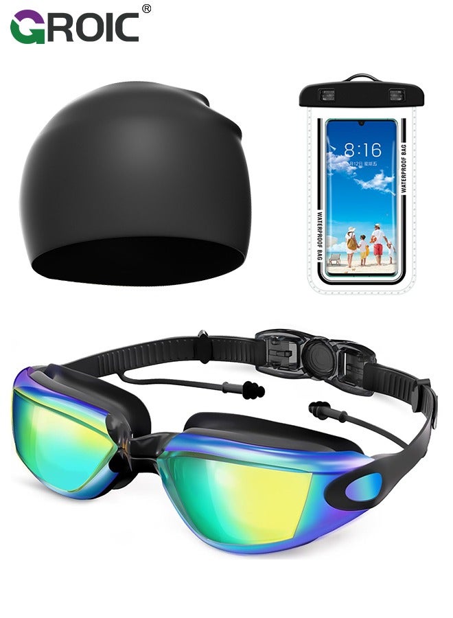 GROIC Swimming Goggles, Professional Swim Goggles Set Adult Racing Wide Vision Leak-proof UV Protection Waterproof Clear Vision Anti-fog for Unisex-Adult with Earplugs Swim Caps and Waterproof Phone Bag - Image 1