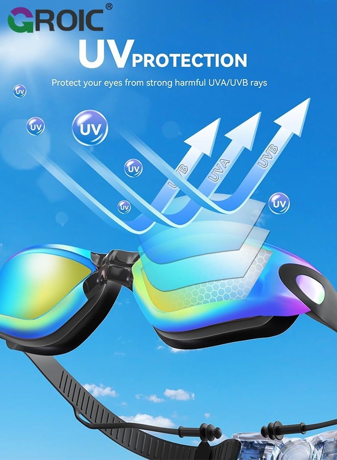 GROIC Swimming Goggles, Professional Swim Goggles Set Adult Racing Wide Vision Leak-proof UV Protection Waterproof Clear Vision Anti-fog for Unisex-Adult with Earplugs Swim Caps and Waterproof Phone Bag - Image 2