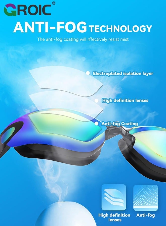 GROIC Swimming Goggles, Professional Swim Goggles Set Adult Racing Wide Vision Leak-proof UV Protection Waterproof Clear Vision Anti-fog for Unisex-Adult with Earplugs Swim Caps and Waterproof Phone Bag - Image 3