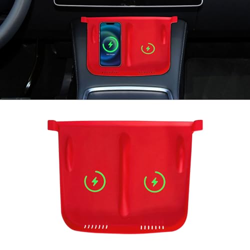 Lecctso Center Console Wireless Charger AntiSlip Silicone Mat Waterproof Phone Pad for Wireless Charging Car Interior Accessories Universal for Model 3 Model Y 20212024 Luminous Red - Image 1