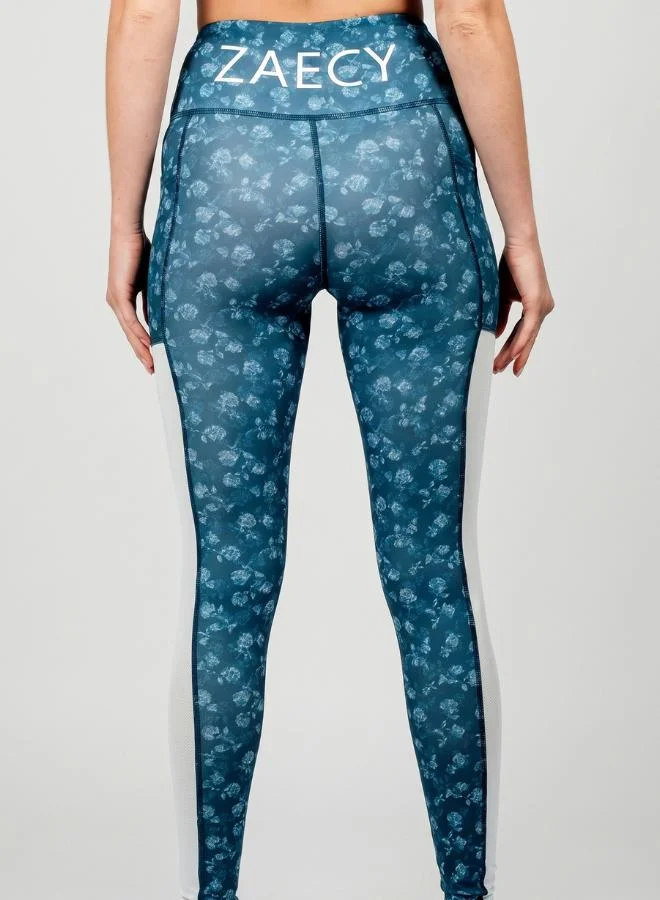 Zaecy Cerulean Flos Tranquil Blue Women's Mid-Rise Power Leggings for Women | Best Price UAE