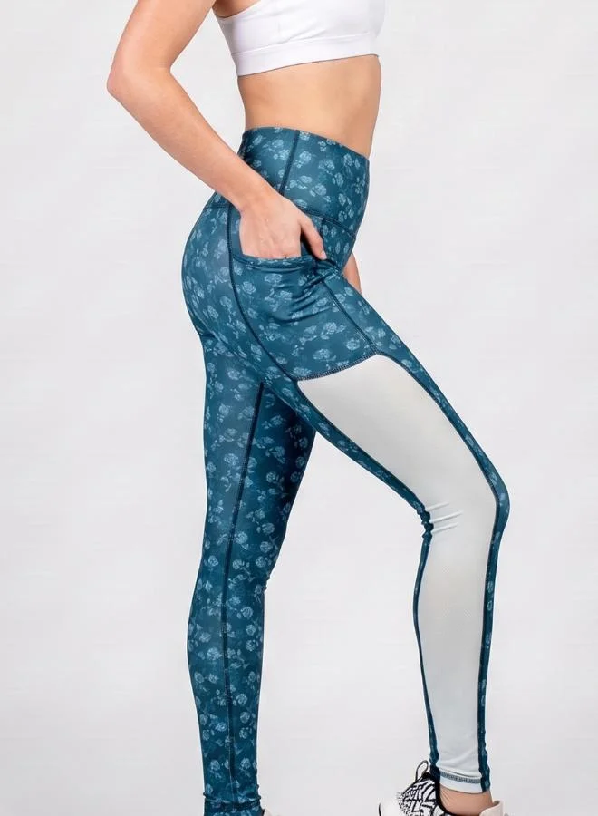 Zaecy Cerulean Flos Tranquil Blue Women's Mid-Rise Power Leggings for Women | Best Price UAE