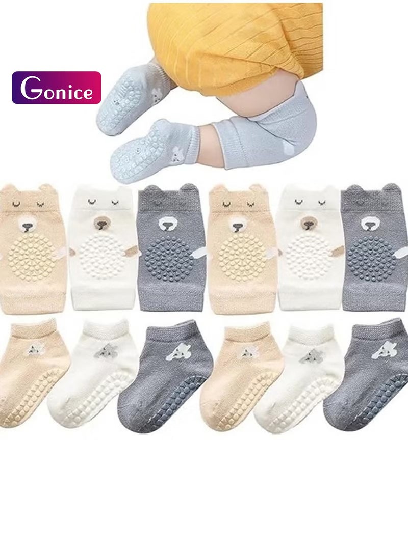 Gonice 3PCS Unisex Baby Crawling Anti-Slip Knee Pads and Socks Set,Save Toddler Boy Girl 12-24 Months Knee and Ankle (M) - Image 1