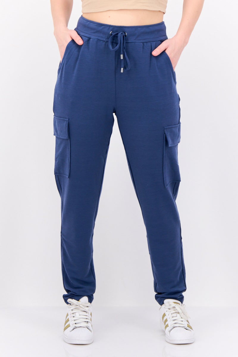Cable & Gauge Women Regular Fit Solid Cargo Pants, Sea Blue - Image 1